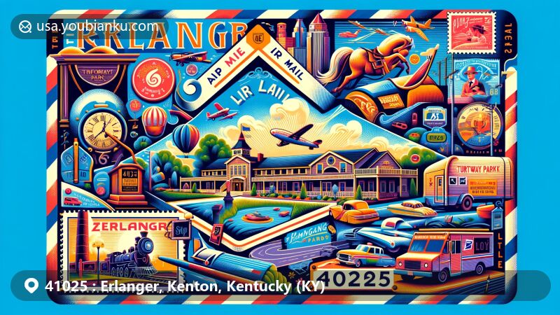 Modern illustration of Erlanger, Kenton County, Kentucky, featuring air mail envelope with iconic landmarks including Vent Haven Museum, Erlanger Depot Museum, Doe Run Lake, and Flagship Park. Symbols of Kentucky's heritage like Turfway Park horse and Vent Haven dummy. Local postal service elements like vintage stamp, postal truck, and mailbox with ZIP code 41025.