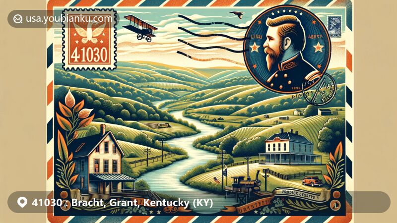Modern illustration of Crittenden, Grant County, Kentucky, capturing the essence of ZIP code 41030, featuring picturesque rolling hills, the Kentucky River, and subtle Civil War era motif in honor of Major Frederick Gustave Bracht.