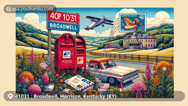 Modern illustration of Broadwell, Harrison County, Kentucky, representing postal theme with ZIP code 41031, featuring rural landscapes, a red mailbox with letters, a postal truck, and an air mail envelope adorned with Kentucky state symbols.