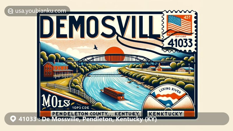 Modern illustration of De Mossville, Pendleton County, Kentucky, with Licking River, vintage postcard theme, and ZIP code 41033, featuring local heritage nod and engaging color palette.