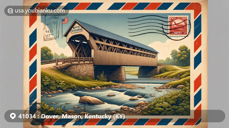 Modern illustration of Dover's Covered Bridge in Dover, Kentucky, presented in a vintage airmail envelope, embodying historical charm and rural American beauty. Features classic airmail border, detailed depiction of Kentucky's oldest covered bridge spanning Lee's Creek, and a stylized postal stamp with Kentucky state symbol.