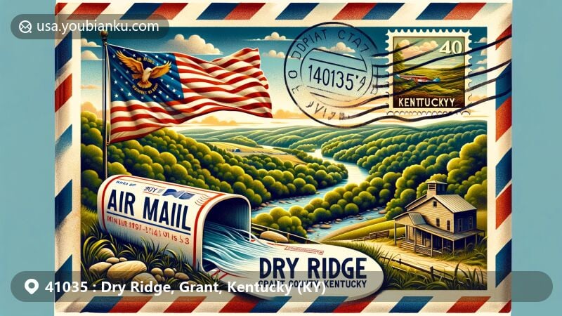 Modern illustration of Dry Ridge, Grant County, Kentucky, featuring a vintage airmail envelope with Kentucky state flag, showcasing the rural charm and tranquil nature of Dry Ridge with trees and rolling hills, highlighting the historical significance of a mineral water well in a vintage bottle, and displaying a postage stamp with ZIP code 41035.