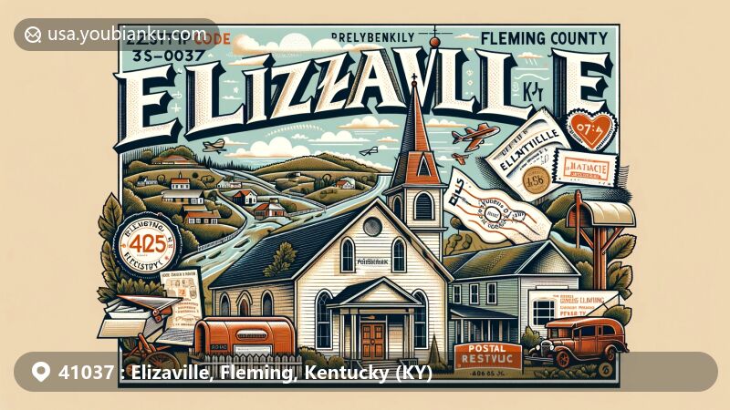 Modern illustration of Elizaville, Fleming County, Kentucky, with ZIP code 41037, showcasing vintage postcard design featuring Elizaville Presbyterian Church and cultural references.