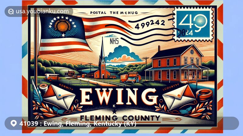 Modern illustration of Ewing, Kentucky, showcasing rural landscape with rolling hills and lush greenery, featuring creative postal element and symbolic representations of Kentucky state flag, Fleming County, and Ewing's landmarks.