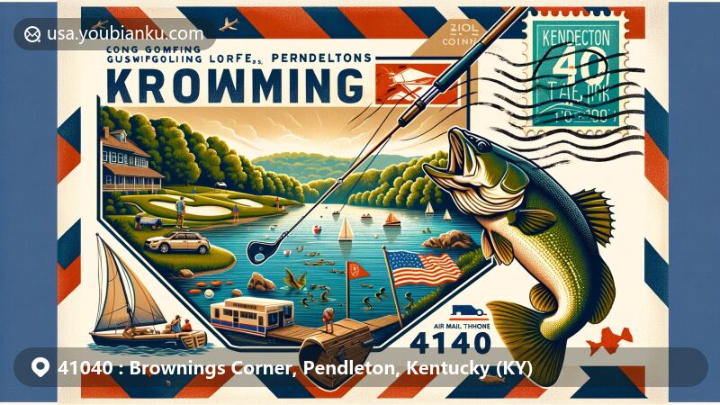 Modern illustration of Brownings Corner, Kincaid Lake State Park in Pendleton County, Kentucky, featuring rich natural beauty, camping, golfing, swimming, and fishing activities, with a vintage-modern postal theme and ZIP code 41040.