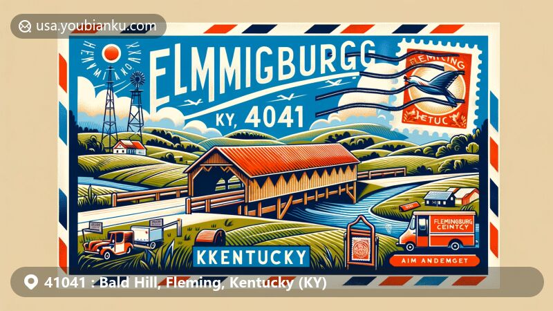 Modern illustration of Flemingsburg, Fleming County, Kentucky, capturing the essence of ZIP code 41041 with lush hills, postal theme, covered bridge, and rural elements.