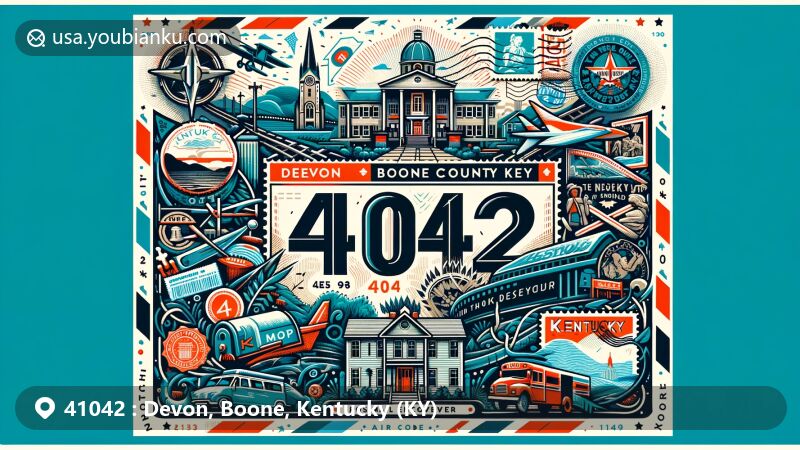 Modern illustration of Devon, Boone County, Kentucky, resembling a postcard with ZIP code 41042, featuring Daniel Boone legacy and Ark Encounter, colorful postal elements like stamps and postmark.
