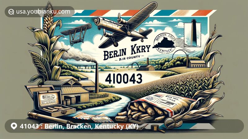 Modern illustration of Berlin, Bracken County, Kentucky, showcasing postal theme with ZIP code 41043, featuring tobacco and corn fields, Ohio River, and vintage air mail envelope.