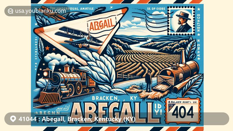 Modern illustration of Abegall, Bracken, Kentucky (KY), showcasing rich agricultural heritage with white burley tobacco, history of the Underground Railroad, and picturesque landscapes of Bracken County along the Ohio River.