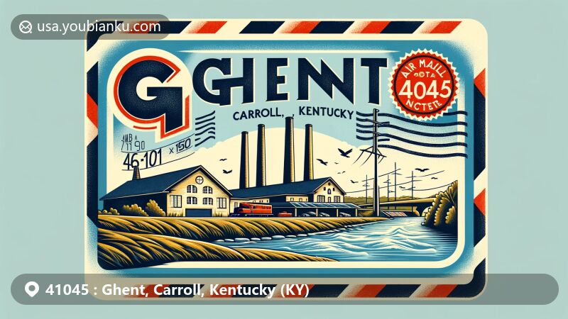 Modern illustration of Ghent, Carroll County, Kentucky, featuring vintage postcard design with Ohio River, Ghent Generating Station, and traditional postal elements, highlighting ZIP code 41045.