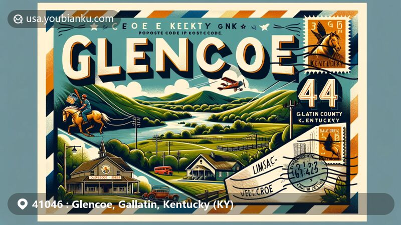 Modern illustration of Glencoe, Gallatin County, Kentucky, featuring Eagle Creek and Kentucky's natural beauty, with a vintage postcard design highlighting cultural elements and airmail theme.