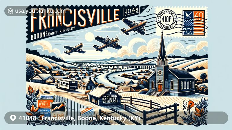 Modern illustration of Francisville, Boone County, Kentucky, showcasing postal theme with ZIP code 41048, featuring Greater Cincinnati suburban area and Ohio River valley in the background, with symbols of Kentucky state identity in stamps.