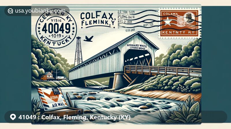 Modern illustration of Colfax, Fleming County, Kentucky, featuring Goddard White Covered Bridge over Sand Lick Creek, surrounded by lush greenery. Vintage postcard elements with Kentucky state flag stamp, 'Colfax, KY 41049' postmark, mail truck, and mailbox in background, symbolizing rich history and natural beauty.