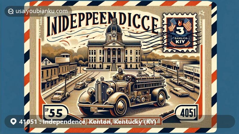 Modern illustration of Independence, Kenton County, Kentucky, featuring a creatively designed air mail envelope with ZIP code 41051, iconic symbols like Kenton County Courthouse, Banklick Creek, historic 1937 Pumper stamp, and subtle depiction of the Ohio River.