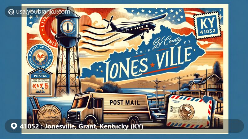 Modern illustration of Jonesville, Grant County, Kentucky, featuring ZIP code 41052, with Kentucky state flag, Grant County silhouette, and Dixie Cup Water Tower, showcasing postal theme and local charm.