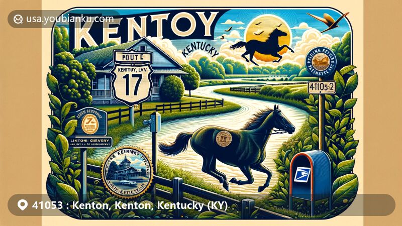 Modern illustration of Kenton, Kentucky, depicting the postal theme for ZIP code 41053, with a blend of local environment featuring Licking River, Kentucky Route 177, vintage postal stamp, American postbox, and cultural symbols.