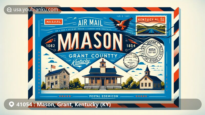 Modern illustration of Mason area, Grant County, Kentucky, presenting air mail envelope layout with Ford Stone House and Sherman Tavern landmarks, ZIP code 41054, and postmark date July 26, 1855, celebrating Mason's post office opening, incorporating Kentucky state flag elements.