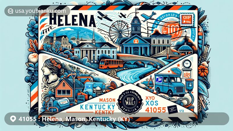 Modern illustration of Helena, Mason County, Kentucky, showcasing postal theme with ZIP code 41055, featuring the Ohio River and local landmarks, designed around a vintage air mail envelope.