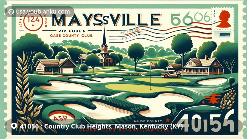 Illustration showcasing the charm of Country Club Heights, Maysville, Mason County, Kentucky, with scenic Maysville Country Club, postal elements, and vintage air mail theme.