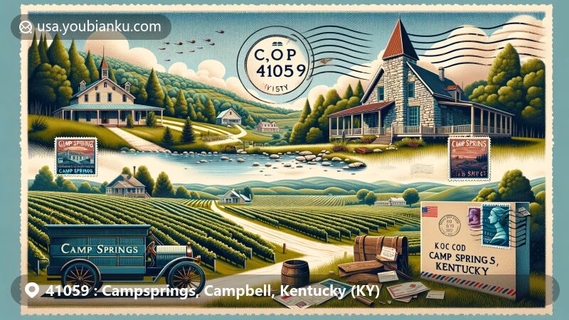 Modern illustration of Camp Springs, Kentucky, highlighting ZIP code 41059 with historic stone houses, vineyards, and German heritage, celebrating the region's wine-making legacy.