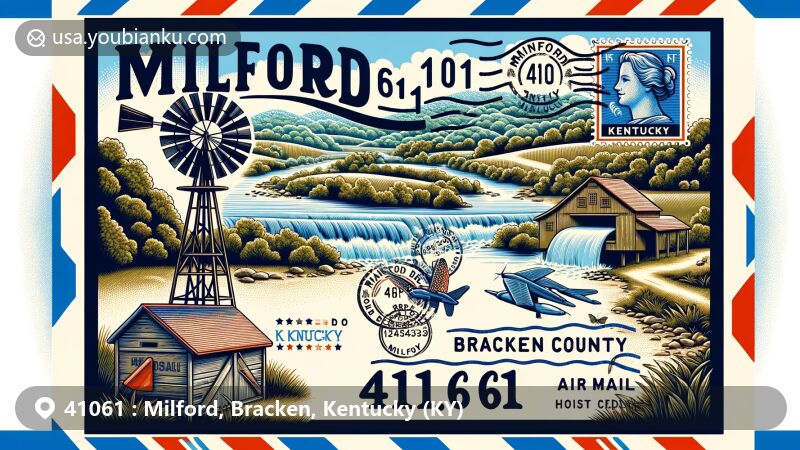 Modern illustration of Milford, Bracken County, Kentucky, featuring postal theme with ZIP code 41061, showcasing iconic symbols of Kentucky, including Bracken County outline, watermill, Kentucky state flag, and lush landscapes.