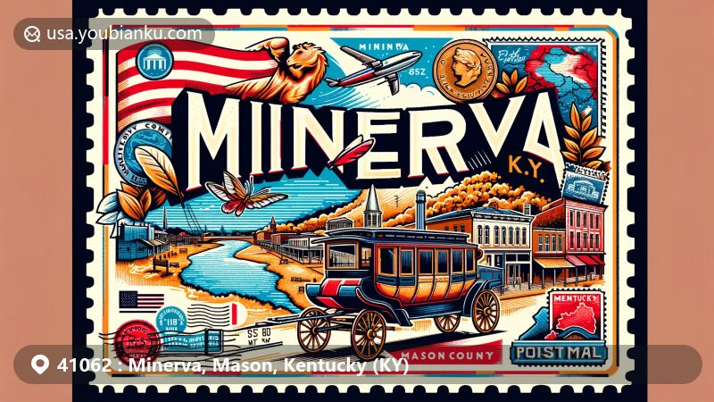 Modern illustration of Minerva, Mason County, Kentucky, showcasing postal theme with ZIP code 41062, featuring Kentucky state symbols and Mason County specifics.