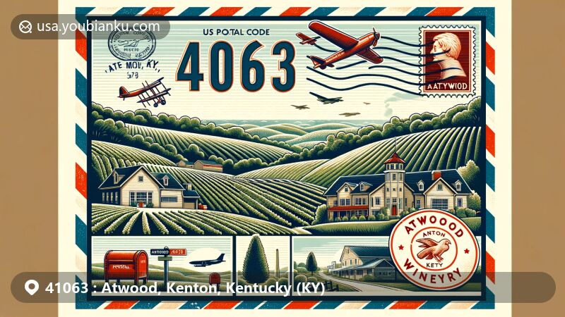Modern illustration of Atwood, Kenton County, Kentucky, with vintage airmail envelope featuring postal code 41063, showcasing landscape and Atwood Hill Winery.