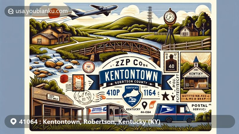Modern illustration of Kentontown, Robertson County, Kentucky, showcasing postal theme with ZIP code 41064, featuring Blue Licks Battlefield State Park, Johnson Creek Covered Bridge, and Thomas Metcalfe House.