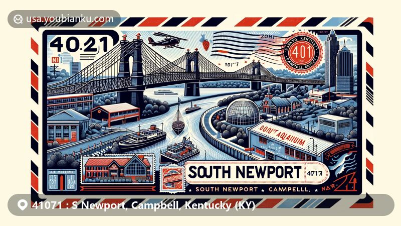Modern illustration of South Newport, Campbell County, Kentucky, with postal theme showcasing ZIP code 41071, featuring John A. Roebling Suspension Bridge, Newport Aquarium, and confluence of Ohio and Licking rivers.