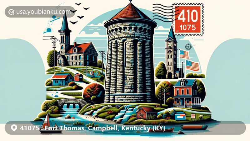 Modern illustration of Fort Thomas, Campbell County, Kentucky, featuring postal theme with ZIP code 41075, showcasing iconic landmarks and cultural elements.
