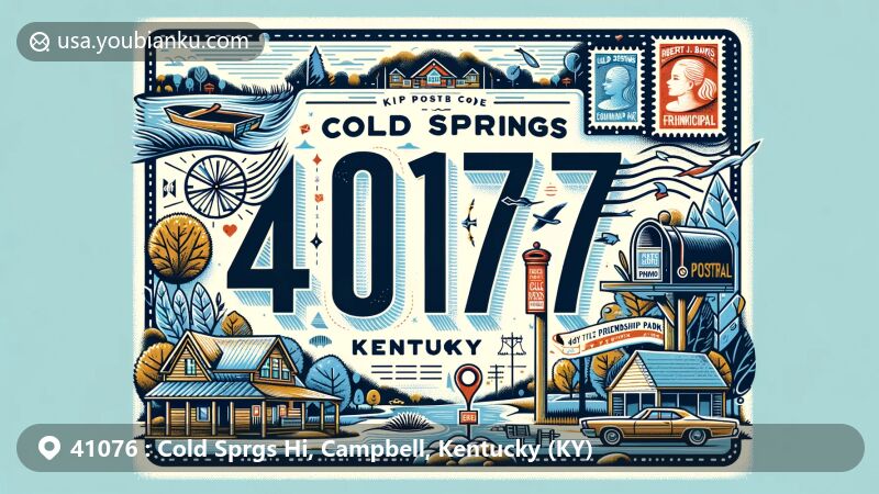 Modern illustration of Cold Springs, Kentucky, highlighting ZIP code 41076, featuring Robert J. Barth Lake Park, Municipal Park, and Friendship Park with playgrounds, ball fields, and postal motifs.