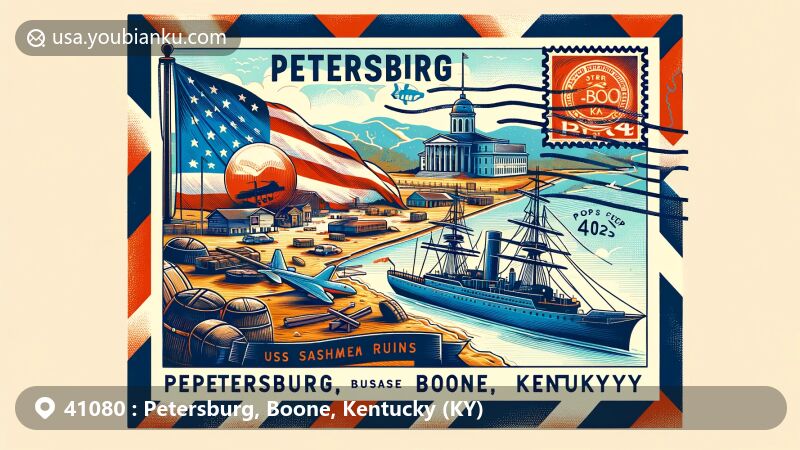 Modern illustration featuring vintage airmail envelope with USS Sachem ruins, Tanner's Station historic site, and Creation Museum, highlighting ZIP code 41080, Petersburg, Boone County, Kentucky.