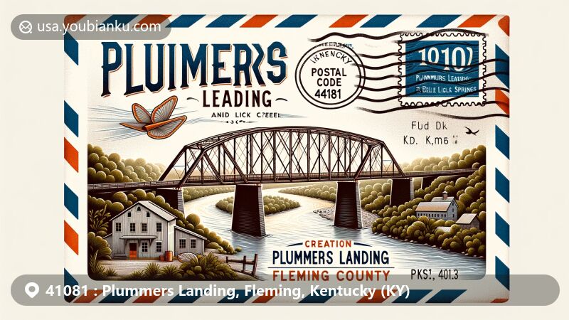 Modern illustration of Plummers Landing, Fleming County, Kentucky, featuring Kentucky 1013 Bridge over Sand Lick Creek on a vintage airmail envelope surrounded by lush greenery, incorporating references to engineering heritage, history, and natural beauty.