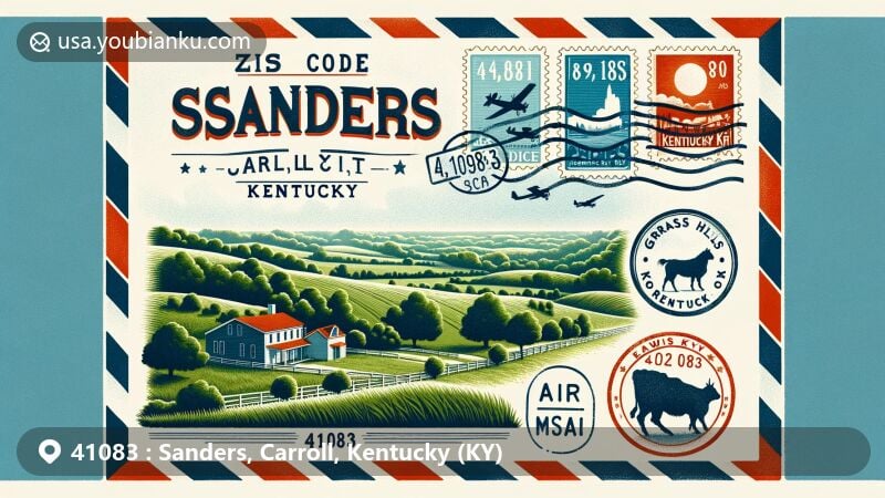 Modern illustration of Sanders, Carroll County, Kentucky, featuring vintage-style air mail envelope with a twist, showcasing Grass Hills' picturesque landscape and historical significance.