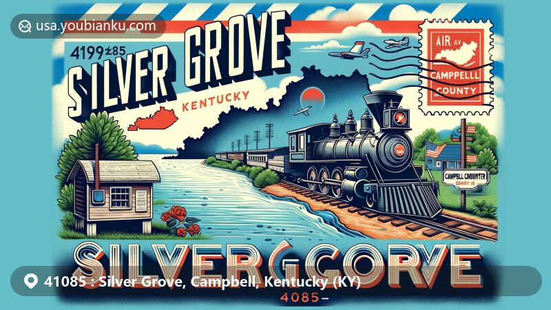 Modern illustration of Silver Grove, Kentucky, highlighting ZIP code 41085 and its relation to the Ohio River, Campbell County, and railroad history, featuring vintage train and postal elements.