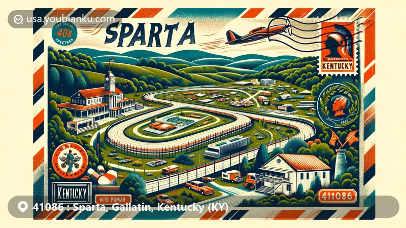 Modern illustration of Sparta, Kentucky, situated in Gallatin and Owen counties, with the iconic Kentucky Speedway as the centerpiece, featuring Eagle Creek, undulating hills, and a vintage airmail envelope with stamps symbolizing the ZIP code 41086.