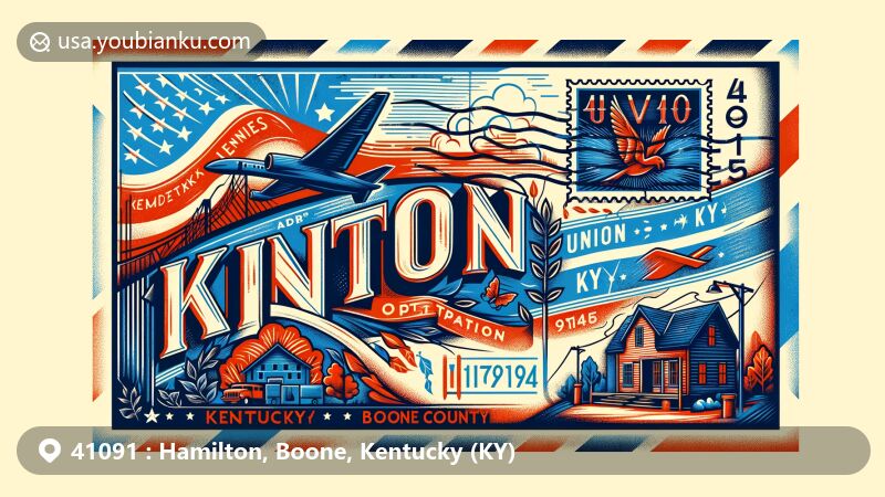 Modern illustration of Union, Boone County, Kentucky, showcasing postal theme with ZIP code 41091, featuring Kentucky state flag and charming small town depiction.