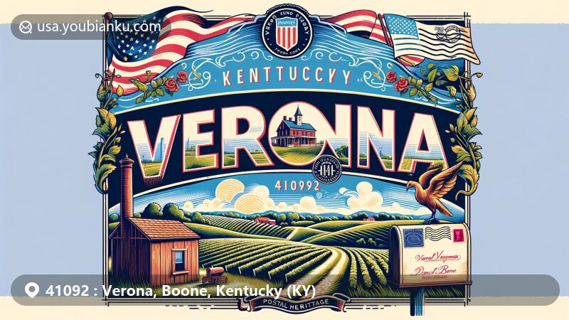 Modern illustration of Verona, Kentucky, highlighting postal heritage with ZIP code 41092, featuring Verona Vineyards and lush Kentucky farmlands.