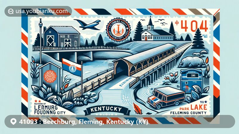Modern illustration of Beechburg, Fleming County, Kentucky, featuring an airmail envelope design with Covered Bridge, Park Lake, and Kentucky state flag, showcasing regional and postal elements.