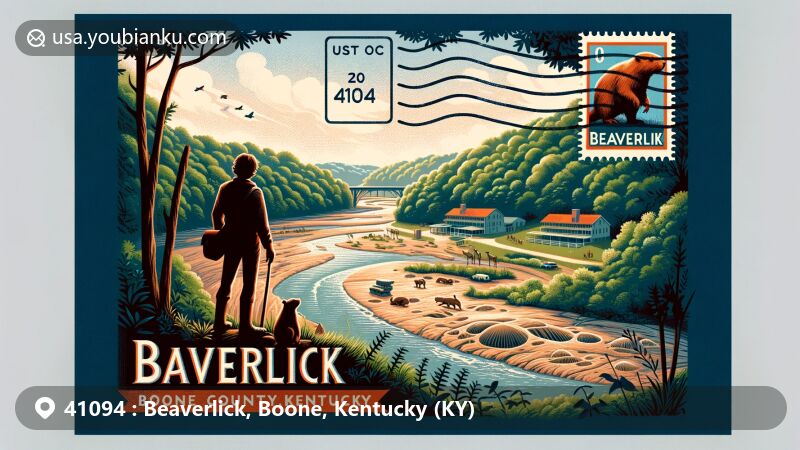 Modern illustration of Big Bone Lick State Park, Boone County, Kentucky, showcasing postal theme with ZIP code 41094, featuring Pleistocene megafauna fossils and natural beauty.