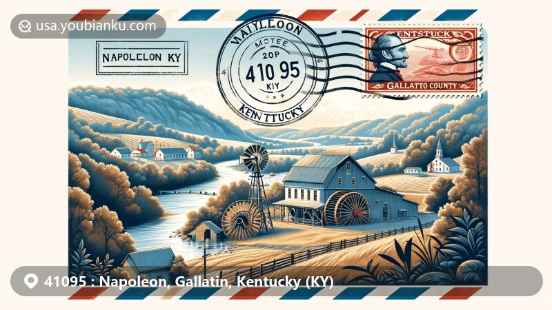 Modern illustration of Napoleon, Gallatin County, Kentucky, showcasing postal theme with ZIP code 41095, featuring vintage sawmill and gristmill symbols, Kentucky landscape, and Ohio River.