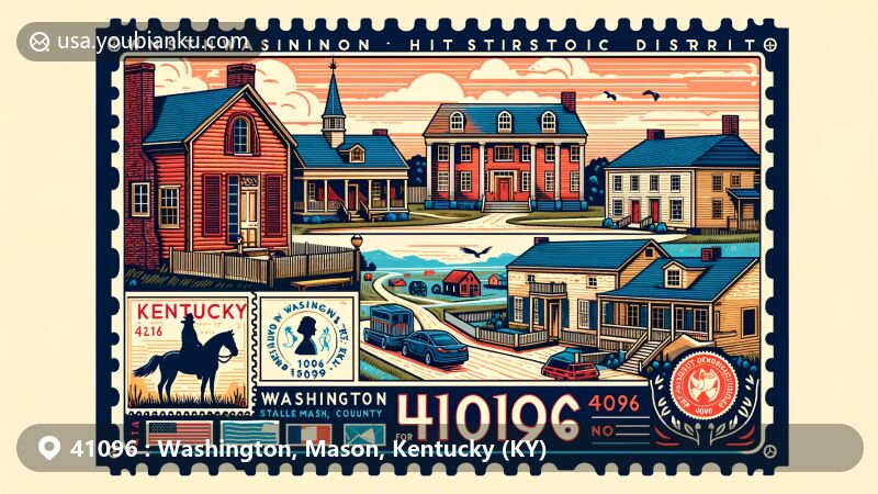Modern illustration of the Washington Historic District, Washington, Mason County, Kentucky, showcasing Georgian and early Federal architectural styles, with key landmarks like the Paxton Inn and the Albert Sidney Johnston House, as well as Kentucky symbols like a horse and bluegrass.