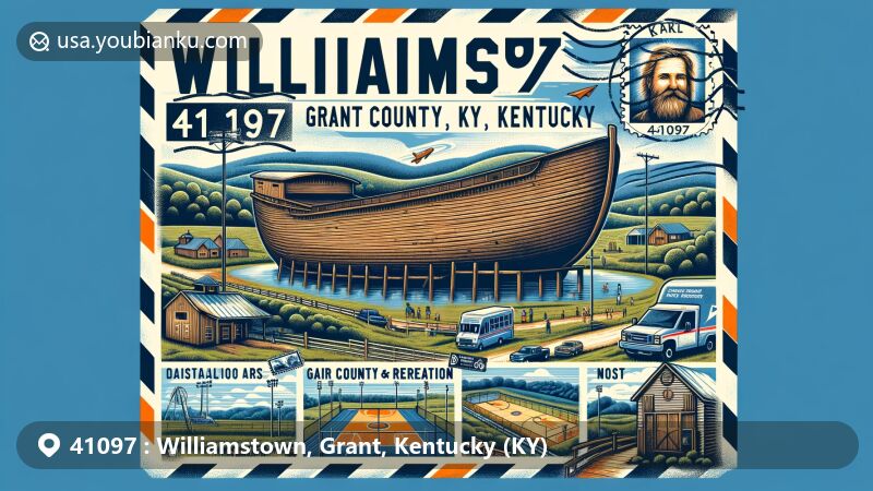 Modern illustration of Williamstown, Grant County, Kentucky, featuring ZIP code 41097, showcasing The Ark Encounter and Grant County Parks & Recreation.