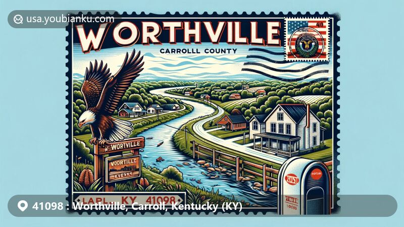 Modern illustration of Worthville, Carroll County, Kentucky, showcasing postal theme with ZIP code 41098, featuring Kentucky River and small-town charm.