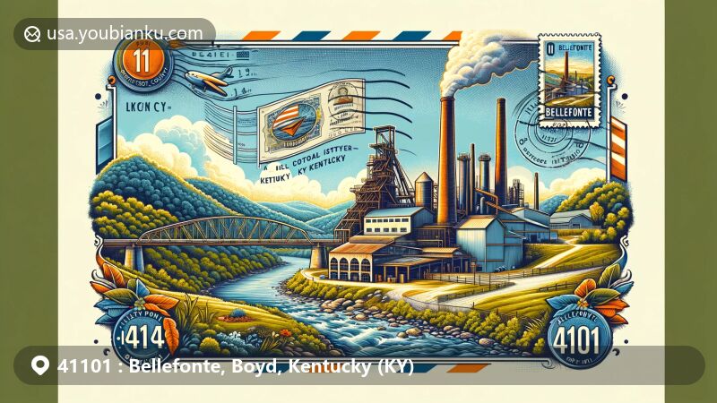 Vibrant illustration of Bellefonte, Boyd County, Kentucky, with ZIP code 41101, showcasing Bellefonte Furnace and Kentucky's natural beauty, incorporating vintage air mail elements and historical symbols.