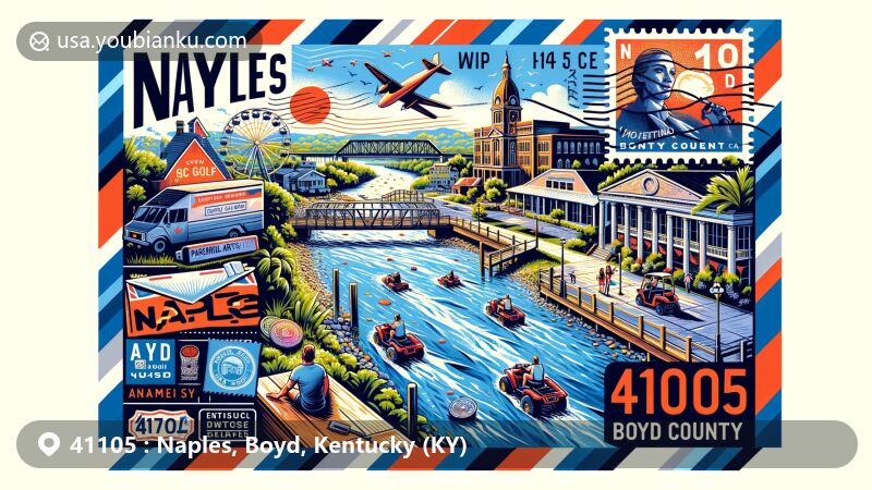 Modern illustration of Naples, Boyd County, Kentucky, showcasing natural beauty and cultural heritage, featuring scenic rivers, the Paramount Arts Center, disc golf, ATV rides, and the Country Music Highway.