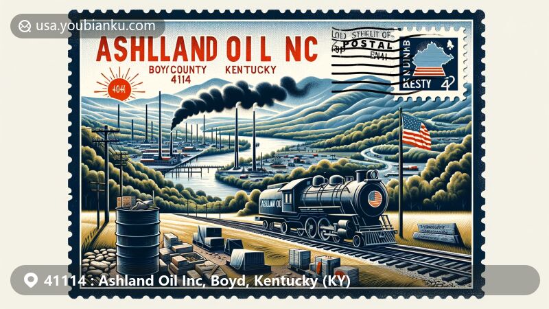 Modern illustration of Ashland Oil Inc in Boyd County, Kentucky, with ZIP code 41114, showcasing Appalachian Mountains, Ohio and Big Sandy Rivers, old oil barrel, steel beam, vintage postal envelope, Kentucky state flag stamp, and Ashland postmark.