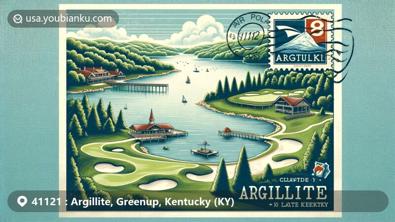 Modern illustration of Argillite, Kentucky, highlighting postal theme with ZIP code 41121, featuring Greenbo Lake State Resort Park and River Bend Golf Club.