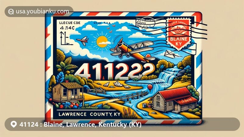 Modern illustration of Blaine, Lawrence County, Kentucky, with ZIP code 41124, integrating postal theme with vintage airmail envelope, Lawrence County outline, sunny landscape with creek, and log cabin.
