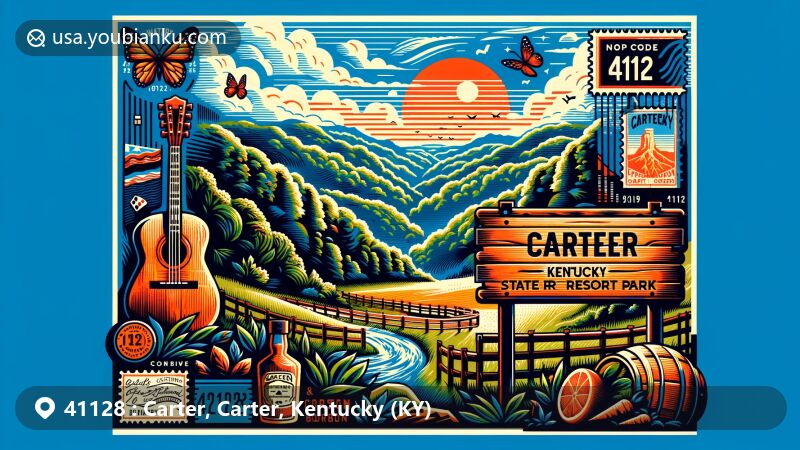 Modern illustration of Carter, Kentucky, representing ZIP code 41128, showcasing Appalachian Mountains, Carter Caves State Resort Park, and Kentucky cultural symbols like bluegrass music and bourbon.
